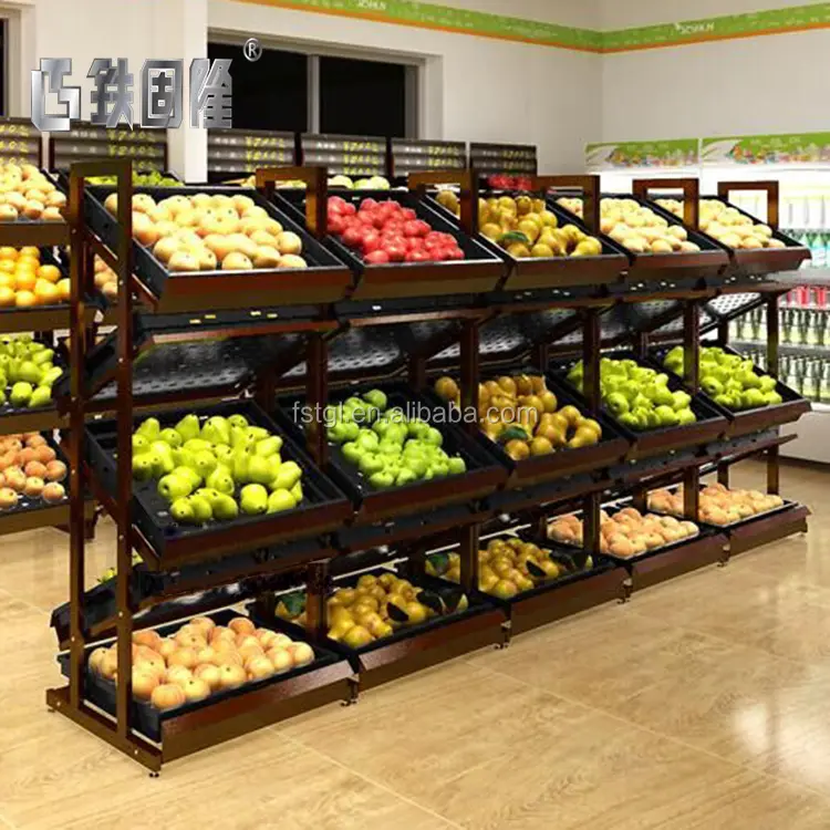 Multifunctional Metal Wooden Wine Fruit Vegetable Display Shelf Light Duty Plastic Supermarket Rack For Grocery Shop