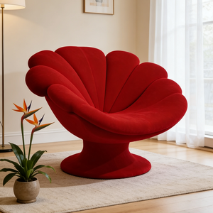 Fauteuil moderne avec accent pétales de fleurs rouges, fauteuil en velours de luxe de style nordique en forme de coquille, siège lounge design pour salon - Product Image 1