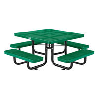 Table de pique-nique et de salle à manger carrée en métal vert moderne de 46 pouces, très vendue, quatre bancs, durable pour une utilisation en extérieur, école, ferme, villa