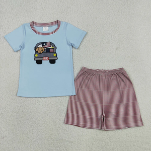 Conjuntos informales a juego para hermanos del 4 de julio, conjunto corto de 2 piezas con apliques de bandera americana y camión para niños y niñas - Product Image 3