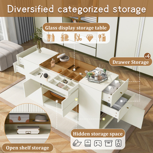 Modern Luxury Multi-Functional Solid Wood Island <b>Vanity</b> Dresser Lighted Glass Tabletop 6 Drawers Storage Cabinet Bedroom - Product Image 4