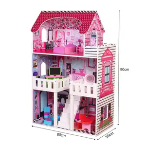 Three storey easy assembly role play interactive wooden toy house lovely dream cottage doll house furniture for christmas