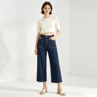 Jean taille haute pour femme, coupe large, extensible, longueur cheville, effet usé, 4 poches, bouton et fermeture éclair