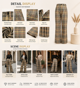 Women Mid Waist Vintage Plaid Straight Leg Dress Pants Pleated Front Worsted Anti-Wrinkle Office Business Casual Wear Custom - Product Image 2