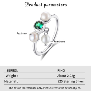 Venta caliente al por mayor S925 anillo de perlas de agua dulce de plata con circón verde esmeralda anillo abierto Ajustable joyería para mujeres - Product Image 6