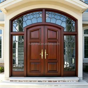 Porta d'Ingresso Doppia Arcuata Premium in Legno di Noce e Vetro Classico con Design a Barre in Legno per Esterni di Villa - Product Image 5
