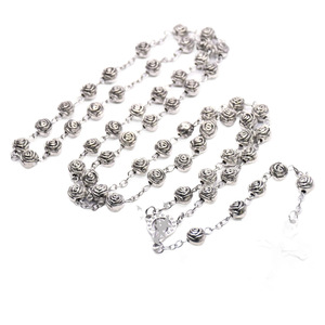 Collier unisexe vintage en argent avec perles en forme de rose, chaîne de pull tendance, motif floral en argent tibétain RN-053 - Product Image 5