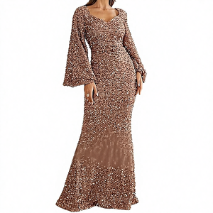 <span class=keywords><strong>Abito</strong></span> <span class=keywords><strong>da</strong></span> <span class=keywords><strong>Sera</strong></span> <span class=keywords><strong>Lungo</strong></span> <span class=keywords><strong>da</strong></span> <span class=keywords><strong>Donna</strong></span> Nuova Moda 2025 con Scollo a V, Gonna Aderente, Maniche a Tromba Scintillanti a Vita Media e Gonna a Linea A in Tinta Unita - Product Image 5