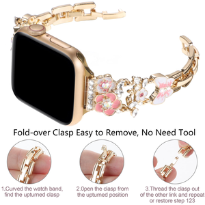 Reemplazo de correa de <span class=keywords><strong>reloj</strong></span> <span class=keywords><strong>inteligente</strong></span> de acero inoxidable para niña flor para Apple Watch 40/41/42/44/45/46/49mm IWatch 10 8 7 6 5 4 regalo - Product Image 2