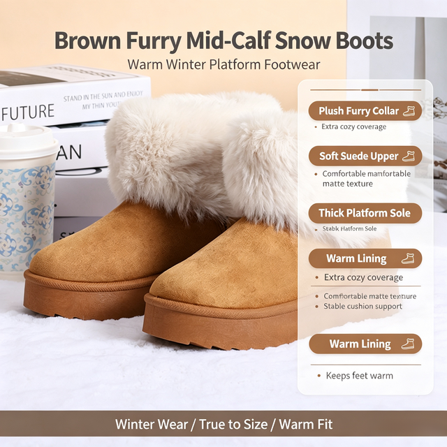 Ladies Winter Fluffy Furry Cuff Ankle Snow Boots Thick Platform Non Slip Round Toe Fashion Warm Daily Short Boots Wholesale