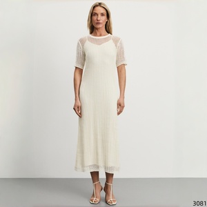 Abito Lungo in Maglia a Nido d'Ape con Maniche Corte e Collo Tondo, Elegante, Casual, Semplice, Lussuoso, Oversize, Stile <span class=keywords><strong>Sirena</strong></span> per Donne - Product Image 1