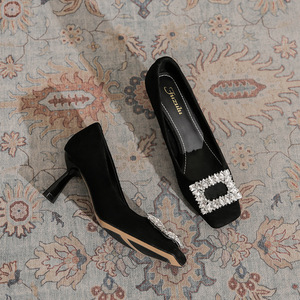 Zapatos de Tacón Alto con Punta Cuadrada de Gamuza Negra, Decoración de Hebilla con Pedrería, Estilo Slip-On - Product Image 2