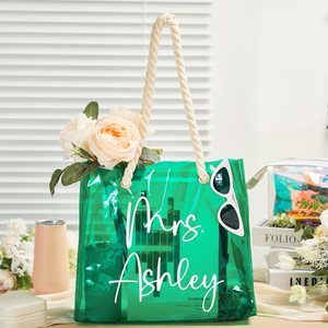 Sac fourre-tout en PVC rose imperméable personnalisé avec logo, sac de plage holographique transparent avec poignée en coton épais - Product Image 5