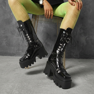 Botas de combate occidentales para mujer, con plataforma gruesa, cordones y cremallera, de charol impermeable, tacón grueso, para verano e invierno, modelo YM4090 - Product Image 3