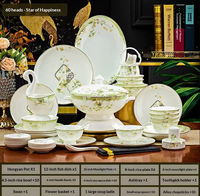 Service de table en porcelaine fine à bord doré motif feuille verte pour 10 personnes et plus, idéal pour la maison, les mariages et les réceptions - Compatible lave-vaisselle et réutilisable