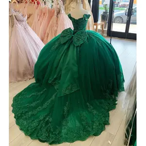 Emerald Green Ball Gown Quinceanera Dresses Appliqued Beads Off Shoulder Tulle Sweet 16 Dress Vestido Princess Prom Party MQ424