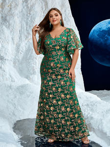 Gaun malam Prom elegan kerah V, gaun malam Prom elegan berpayet renda bunga kerah V desain potongan acak ukuran Plus musim panas - Product Image 5