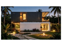 Villa Kontainer Dua Lantai Mewah Modern Ramah Lingkungan Dinding Lengkung Gelap Pelapis Baja Balkon Kaca Pergola Pintu Geser Tahan Air