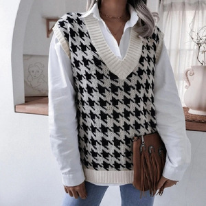 Chaleco de punto para mujer, otoño-invierno, diseño pata de gallo, sin mangas, corte holgado, <span class=keywords><strong>cuello</strong></span> en V, ribete acanalado, borde ancho, cómodo, suave, informal - Product Image 3