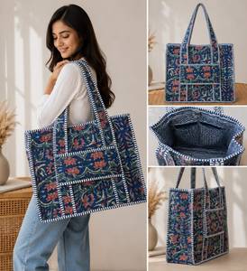 Sac fourre-tout en coton matelassé bleu à fleurs avec fermeture éclair, sac à bandoulière grande capacité réutilisable pour le shopping et les voyages pour femmes - Product Image 3