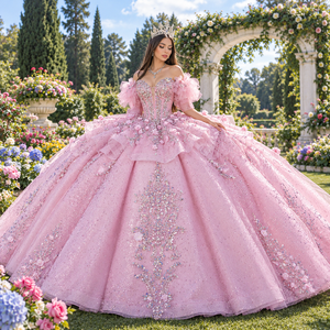 ชุดราตรีงาน Quinceanera รุ่น Lsdz006 สีชมพูอมเทาโรแมนติก ประดับดอกไม้แบบมีมิติ ทรงเปปลัม กระโปรงบาน พร้อมเสื้อท่อนบนคอวีลึก ยี่ห้อ Jancember - Product Image 1