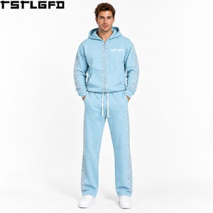 Conjunto de Sudadera con Capucha y Cremallera OEM/ODM para Hombre, Azul Bebé Iridiscente con Pedrería, Chándal Oversize de Invierno al por Mayor - Product Image 3