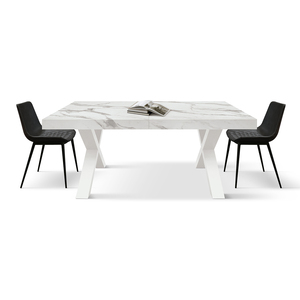 Table à manger effet marbre avec pieds croisés blancs, base en MDF, usage intérieur - Product Image 4