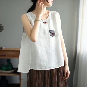 Women's Cotton <b>Linen</b> Sleeveless Tank <b>Top</b> Green Patch Pocket Loose Fit Summer Breathable Woven Casual Outerwear - Product Image 3