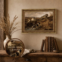 Peinture à l'huile vintage ornée encadrée or, chiens de chasse et paysage de prairie avec loup, décoration rustique pour cabane de prairie OEM ODM
