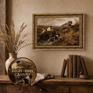 Peinture à l'huile vintage ornée encadrée or, chiens de chasse et paysage de prairie avec loup, décoration rustique pour cabane de prairie OEM ODM - Product Image 3