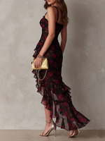 Robe longue élégante Joydressing noire et rouge à motifs floraux, sexy, asymétrique, à volants et fente haute, pour soirées, vente en gros, fournisseur personnalisé