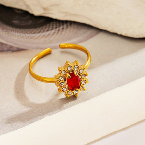 <b>Open</b> <b>Ring</b> Flower Shape 18k Gold Plated Red Zircon Pave Setting Unisex Jewelry Gift - Product Image 1