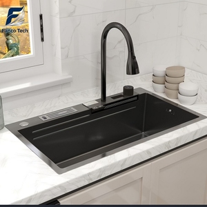 Matte Black PVD Anti-Scratch Embossed Digital Waterfall Food Grade Stainless Steel Workstation Sink Built-in Knife Holder Smart - Product Image 1