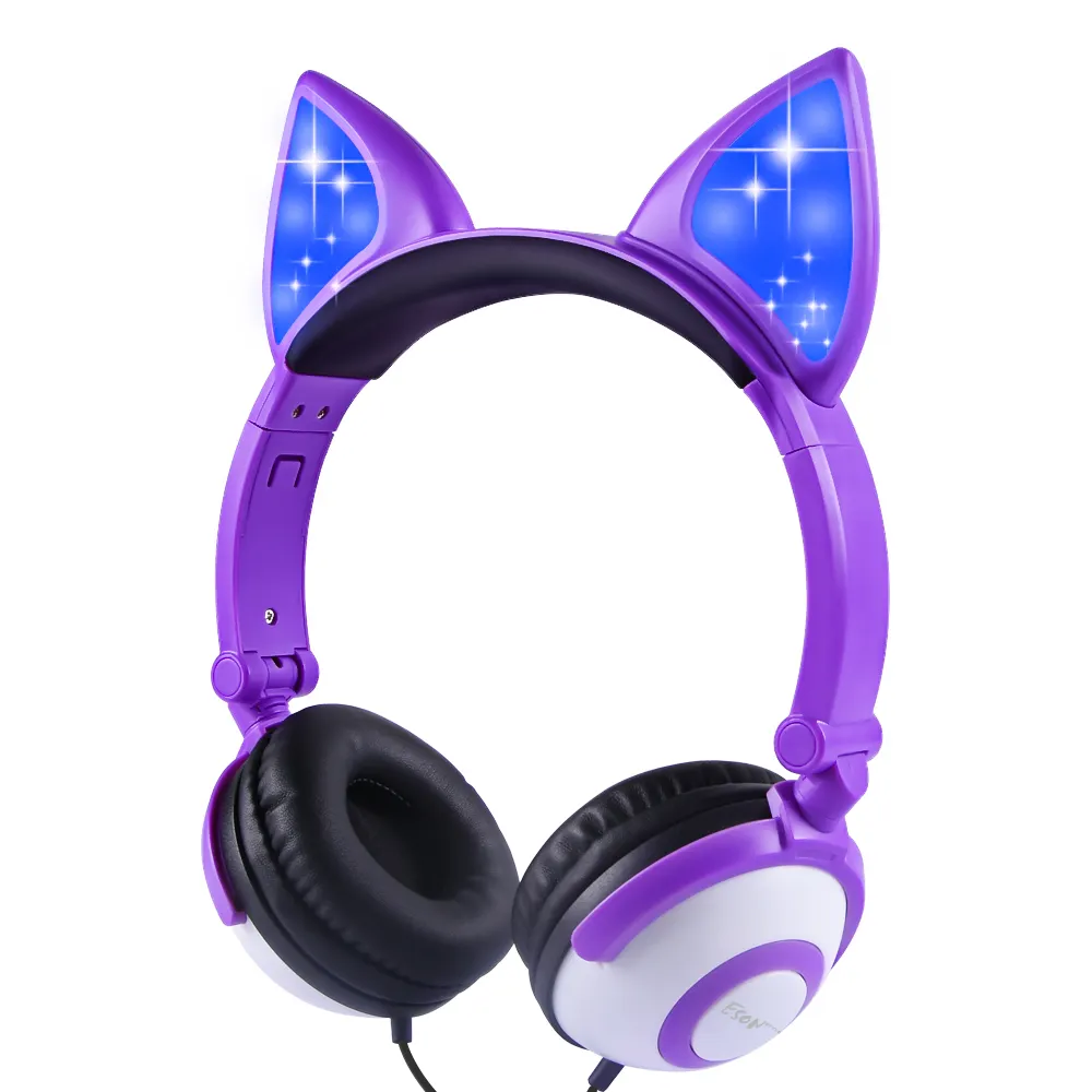 Eson Style fox ear wired earphones 85DB LED shiny Unisex Gift portable music share Over ear Kids Headband headphones