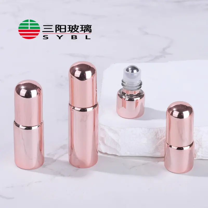 Stock 1ml 2ml 3ml 5ml roll on glass bottle with rose gold pink sliver gold vial electroplatie roller bottles for essential oil
