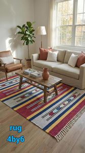 Geometric Stripe Cotton <b>Rug</b> 4x6 Handmade Carpet with Tassels <b>Boho</b> Floor Mat Living Room Bedroom Decor - Product Image 1