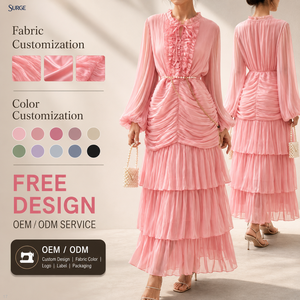 Vestidos Casuales Elegantes Color Rosa <span class=keywords><strong>para</strong></span> <span class=keywords><strong>Mujer</strong></span>, Cuello Alto, Cuello con Lazo, Manga Larga, Manga Abullonada, Plisado, Corte Maxi - Product Image 1