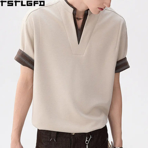 T-shirt en tricot à col en V personnalisé pour homme, style Old Money, beige, manches courtes, fabricants de t-shirts pour homme en gros - Product Image 4