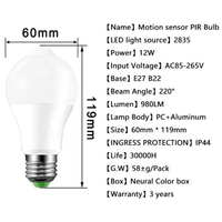 Venta al por mayor 12W E27/B22 Bombilla de luz LED Iluminación residencial Blanco cálido 8000K Bombilla de sensor de movimiento Pir