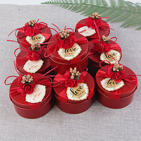 Boîte métallique ronde de luxe en étain pour mariage, cadeau de bonbons, biscuits au chocolat avec ruban et fleur, vente en gros
