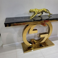 Table console luxueuse de style chinois moderne avec plateau en marbre et base en acier inoxydable brossé argenté pour la maison, le salon et la salle à manger