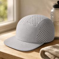 Casquette en maille à séchage rapide, hydrofuge, respirante, à cinq panneaux, visière plate, ajustable 56-62cm, logo personnalisé, vente en gros, OEM, faible MOQ