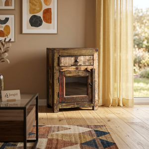 Mesita de Noche Rústica de Madera Reciclada con 1 Cajón y Puerta de Vidrio, Mueble de Dormitorio Hecho a Mano, Gabinete de Almacenamiento Estilo Antiguo - Product Image 1