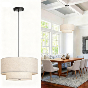 Modern Double Drum Fabric Pendant <b>Light</b> E26 <b>LED</b> Adjustable Height For Living Room Kitchen Bedroom <b>Ceiling</b> Mount - Product Image 1