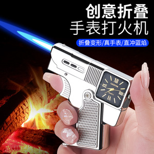 Encendedor Portátil Plegable con Reloj, Resistente al Viento, Llama Directa, Multifuncional, Regalo de Viaje, Negro, Dorado, Plateado - Product Image 3