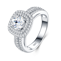 Bague en argent 925 avec moissanite 1 carat taille coussin, double halo, à double sangle et pavé, pour usage quotidien