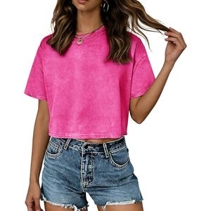 Camiseta Corta FOXA para Mujer, Lavado Ácido, Algodón, Color Sólido, Básica, Vintage, Holgada, Manga Corta - Product Image 5