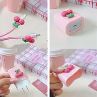 Housse de protection USB en silicone TPU rose cerise 3D mignonne et kawaii pour câble de données iPhone 18W-20W, cordon de tête, étui de charge rapide