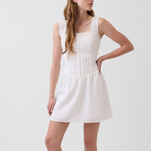 Vestido corto de algodón con encaje y cuello cuadrado para mujer, vestido informal de verano con botones plisados ​​de estilo vintage - Product Image 5