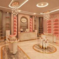 Conception d'intérieur de boutique de cosmétiques et de parfums de luxe, comptoir de réception en marbre sur mesure, présentoir cylindrique, solution d'aménagement complète de la boutique